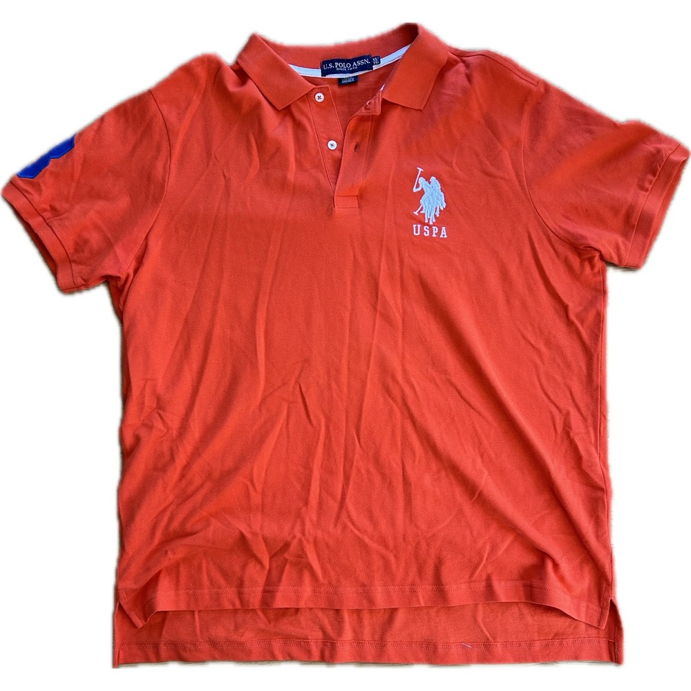 US Polo Assn Mens XL Orange Short Sleeve Pique Polo Shirt Blue Sleeve Patch 3
